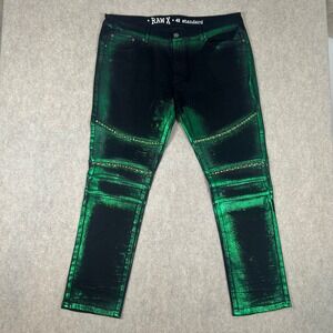 Raw X Moto Jeans Mens 40 Green Black Metallic Foil Studded Biker Streetwear